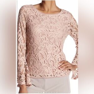 Adrianna Papell Pink Peach Long Bell Sleeve Lace Blouse Large